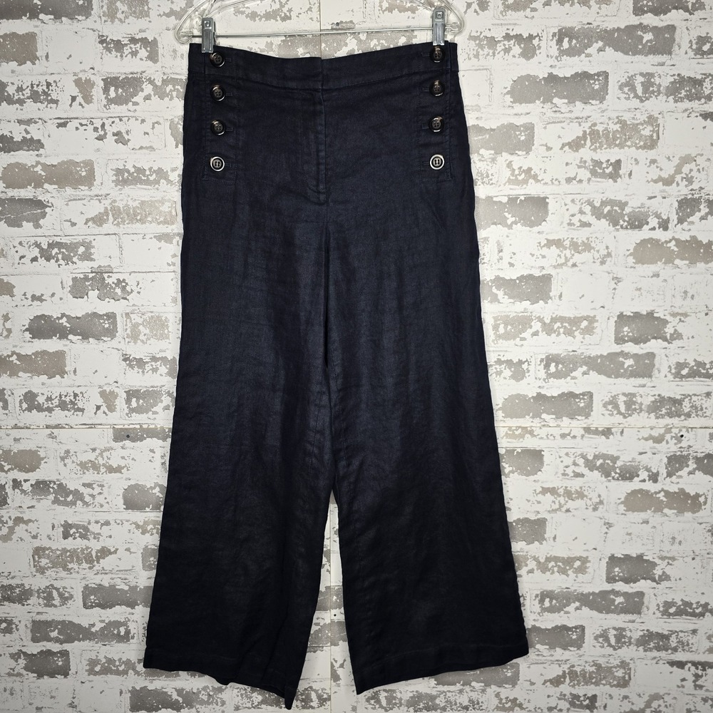 Ann Taylor Pants Womens 0 Navy Blue Wide‎ Leg Crop Linen Ramie Blend Preppy Boho